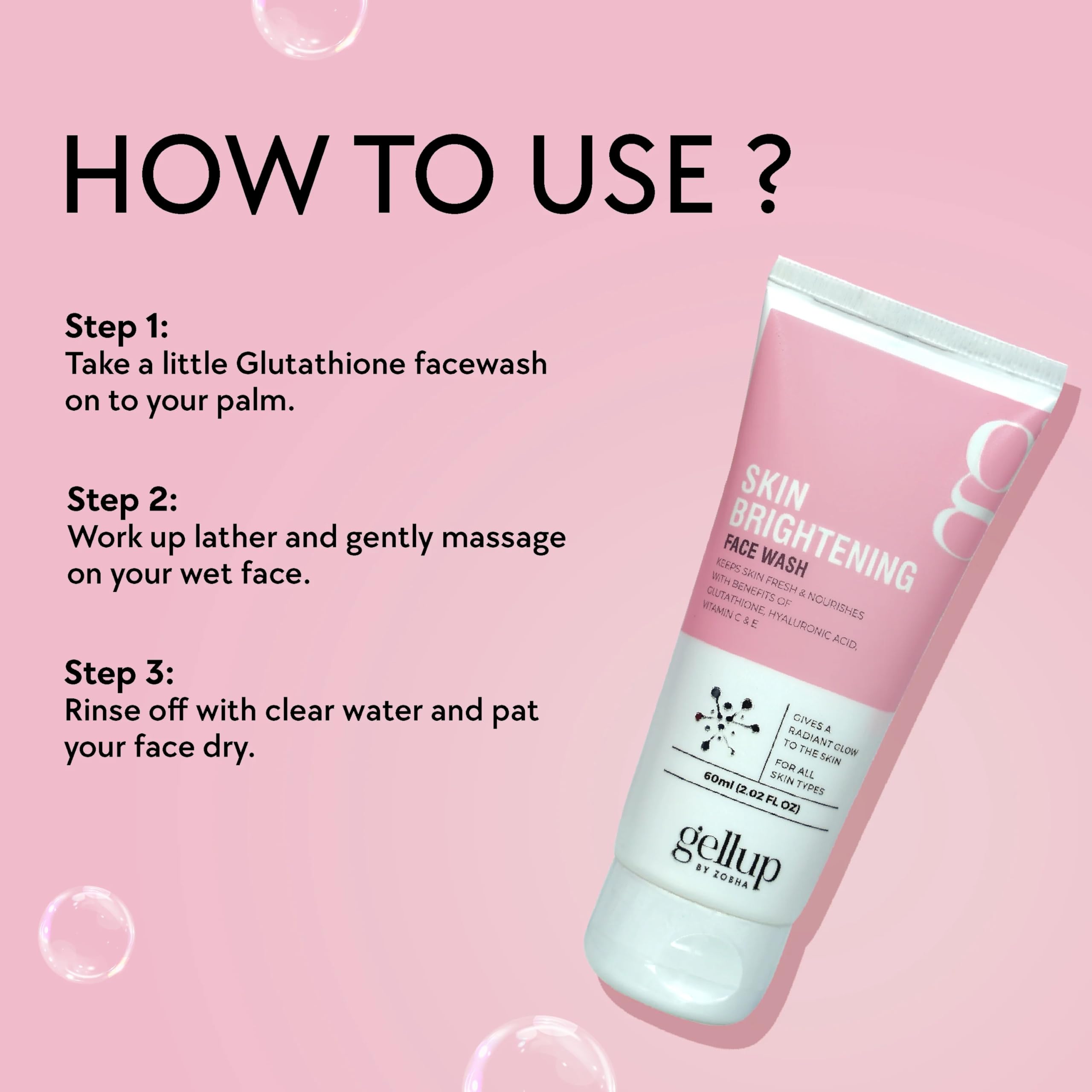 Zobha Glutathione Skin Brightening Face Wash with Hyaluronic Acid, Vitamin C & E - Gentle Cleanser for All Skin Types (60ml) | Daily Brightening & Hydrating Facial Cleanser for Glowing Skin