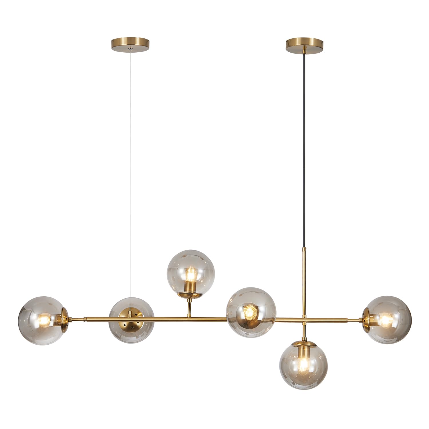 KCO Modern Globe Sputnik Chandelier - 6-Light Gold Linear Pendant Light Fixture with Smoke Gray Glass, Mid Century Style - Perfect for Kitchen Island, Dining Room, Living Room, Entryway & Modern Home Decor