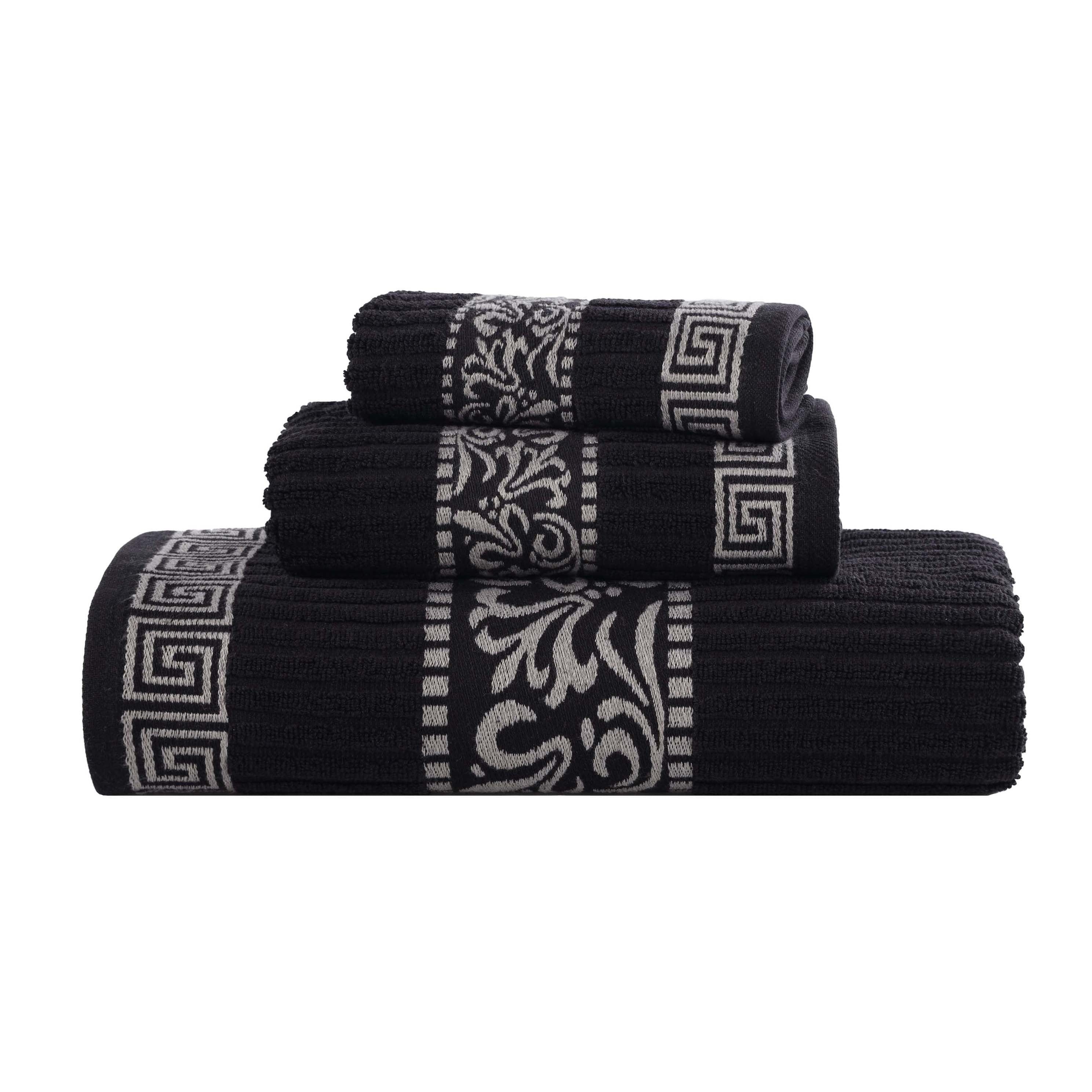 Premium Athens Cotton Greek Scroll & Floral 3-Piece Bath Towel Set - Soft Absorbent Luxury Towels for Spa, Bathroom & Guest Use