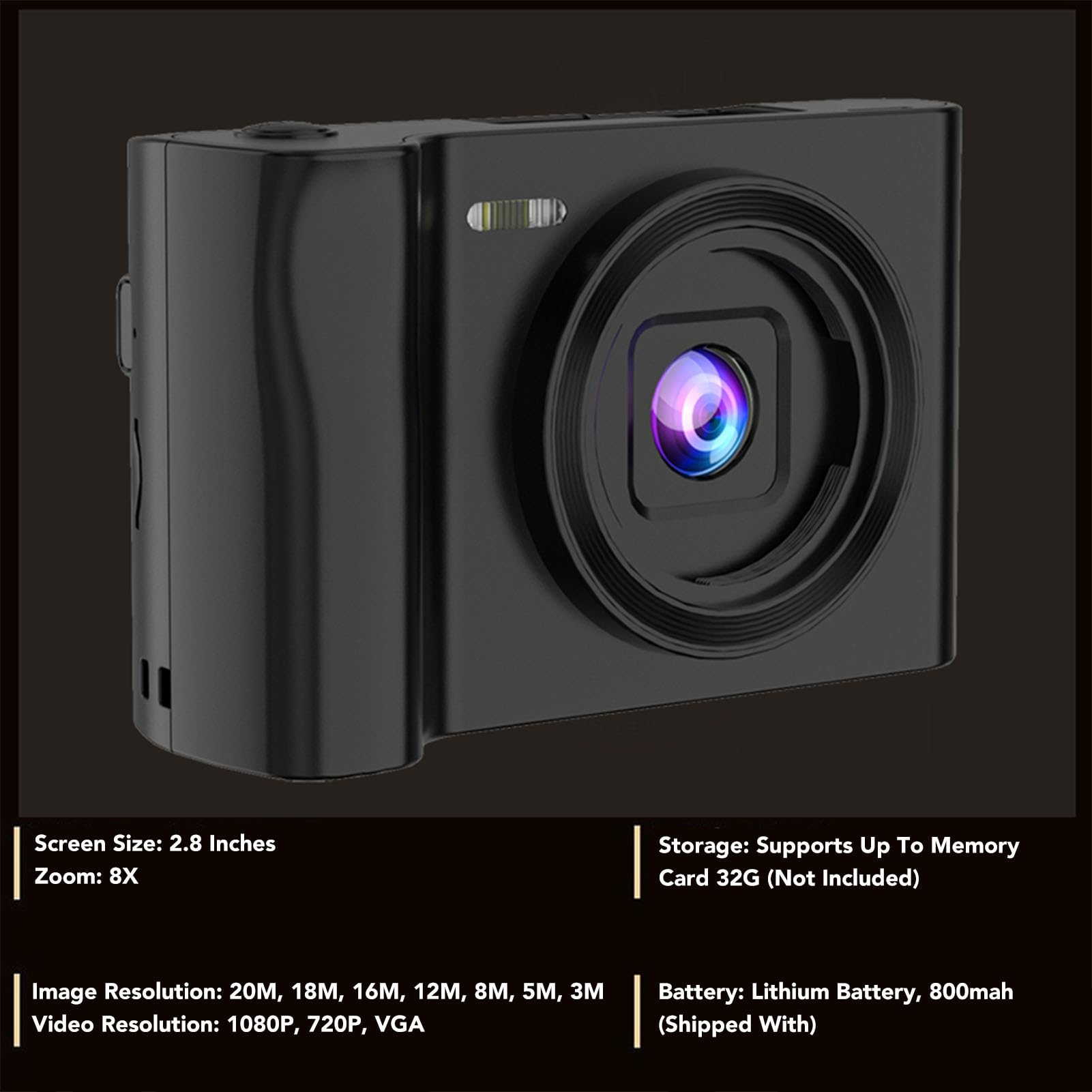 20MP Digital Camera for Photography - 1080P FHD Compact Camera for Kids, Teens & Beginners | 8X Zoom, Rechargeable, Supports 32GB SD Card - Perfect for Travel, Vlogging & Everyday Photography