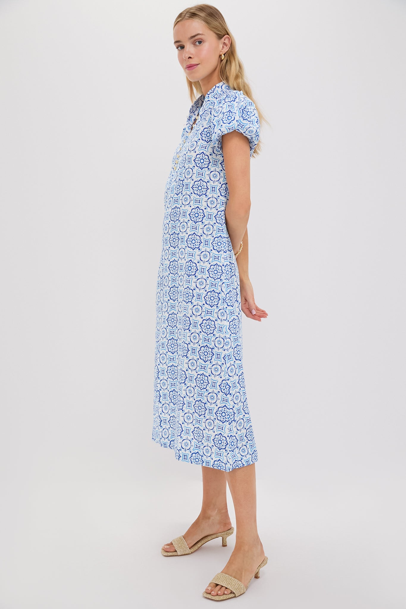 Blue Medallion Puff Sleeve Button Midi Dress - Elegant Floral Print Summer Dress for Women, Perfect for Weddings, Parties & Date Nights