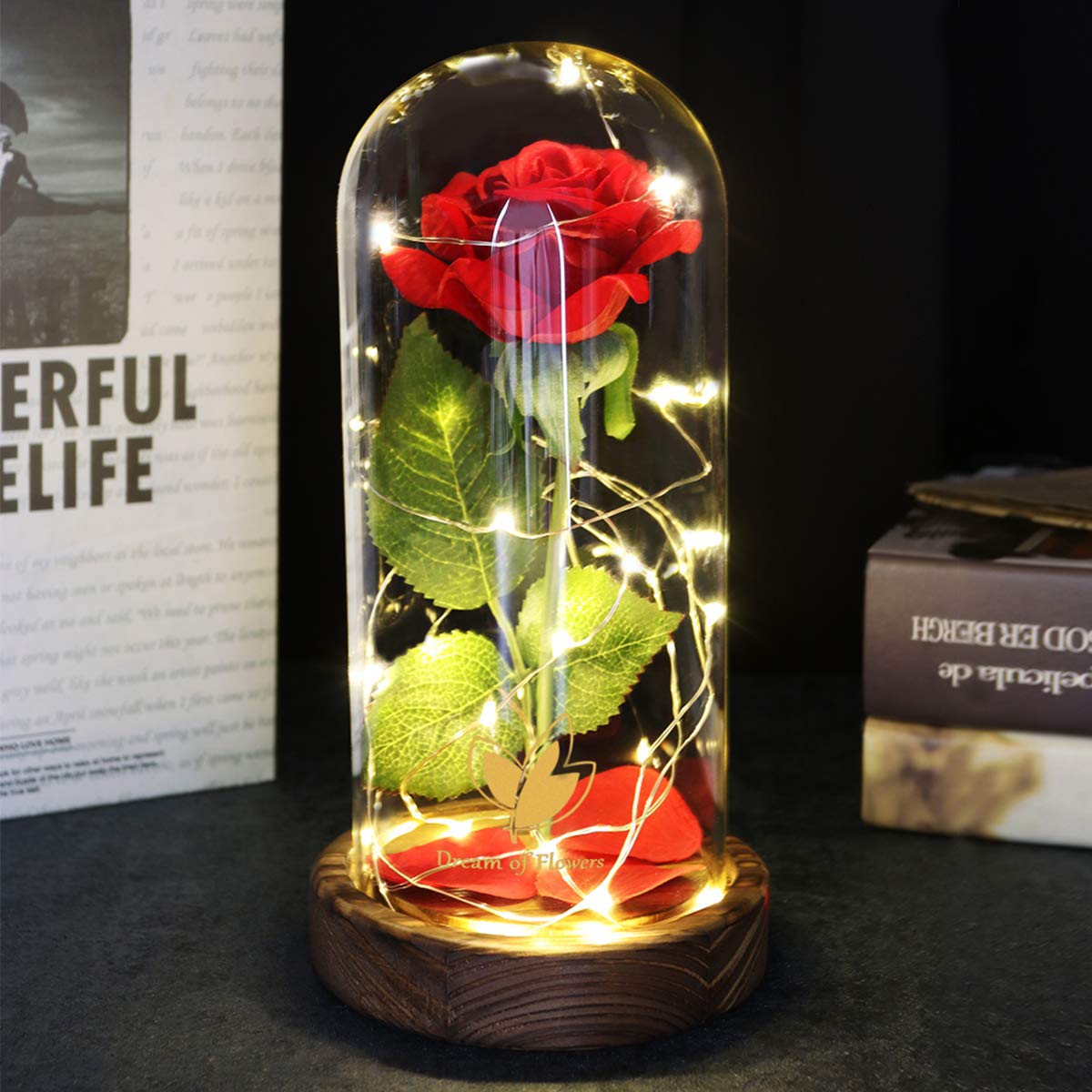 Eternal Light Up Rose in Glass Dome - Beauty and The Beast Inspired, Mothers Day & Birthday Gifts for Women, Wife, Girlfriend - Perfect for Home Decor, Romantic Surprises, and Special Occasions