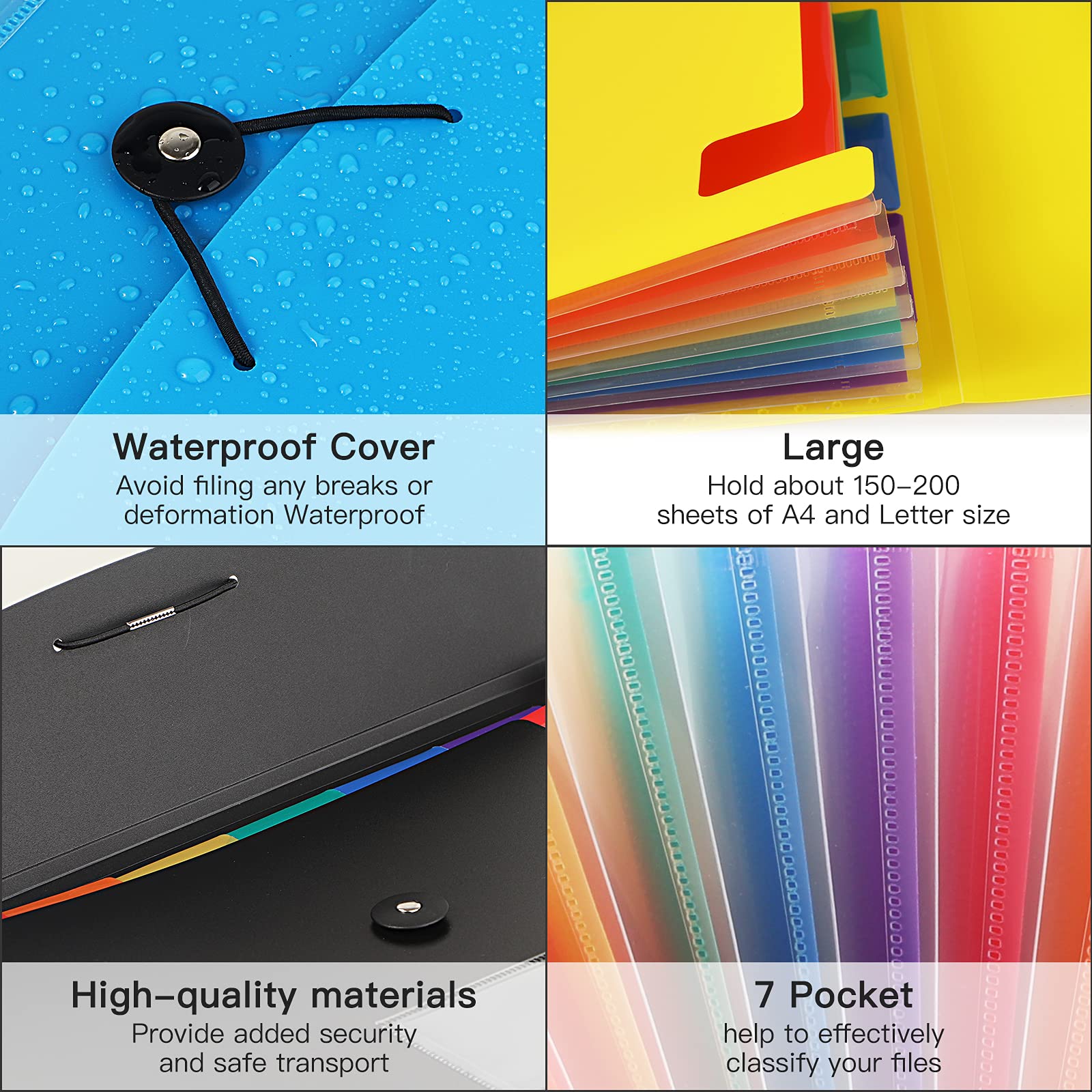 4 Pack 7-Pocket Expanding File Folders - Plastic Expandable Document Organizer with Multiple Pockets, A4/Letter Size Accordion File Folder for School, Office, Home & Travel - Black, Blue, Pink & Yellow - Perfect for Organizing Bills, Receipts, Documents & School Papers