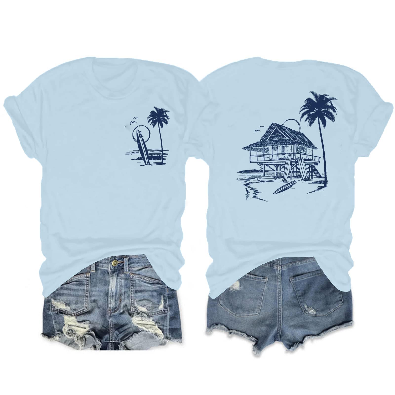 Tuislay Women's Oversized Beach Shirts - Palm Tree Graphic Hawaiian Vacation T-Shirts | Light Blue L | Summer Casual Wear, Tropical Getaway, Poolside Relaxation