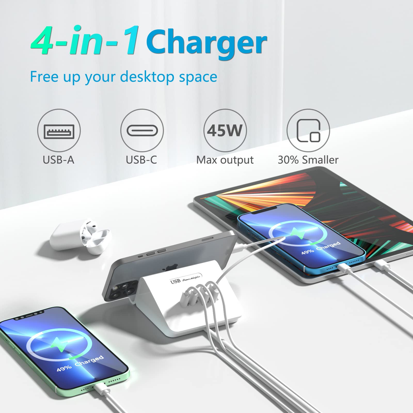 45W 4-Port USB C Charging Station with 20W PD Fast Charging for iPhone, Samsung, iPad - Home & Office Use