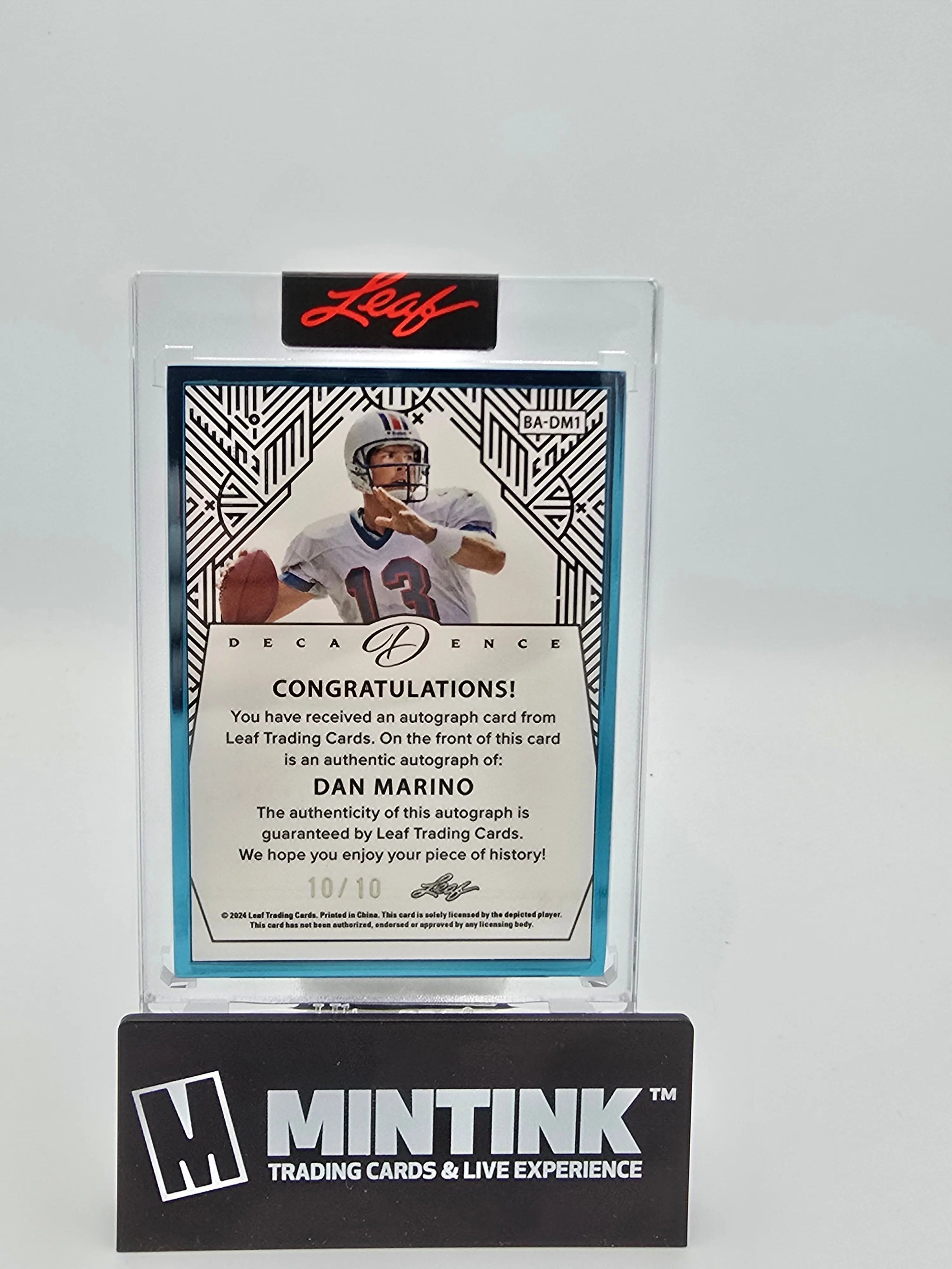 2024 Leaf Decadence Football Dan Marino Autograph Aqua Frame 10/10 - Rare Collectible Sports Memorabilia for Display in Home or Office