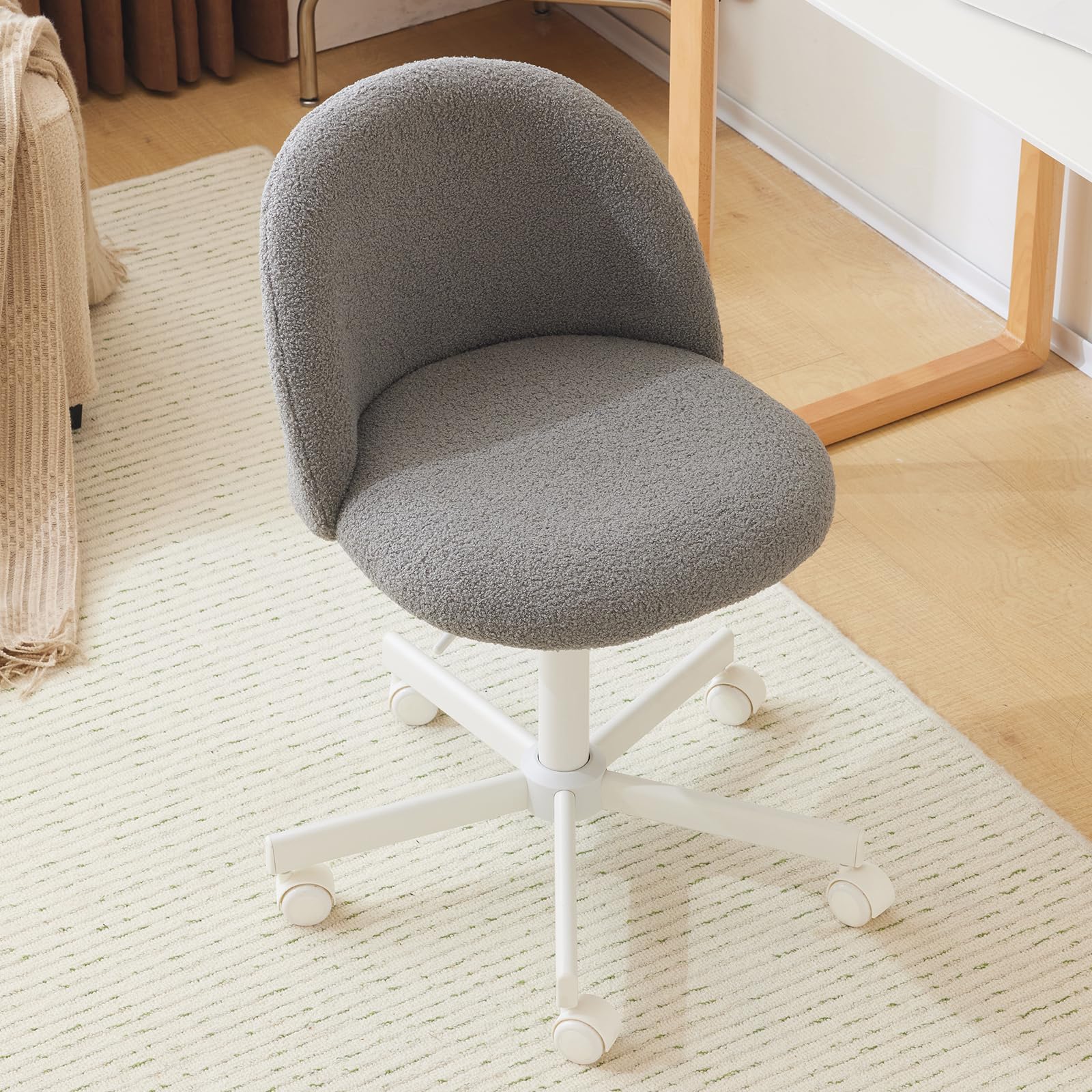 VINGLI Armless Cute Teddy Bear Desk Chair with Wheels - Adjustable Swivel Office Chair with Lumbar Support, Comfortable Small Computer Task Chair for Home Office, Bedroom & Vanity (Muted Grey) - Perfect for Work, Study & Gaming Sessions