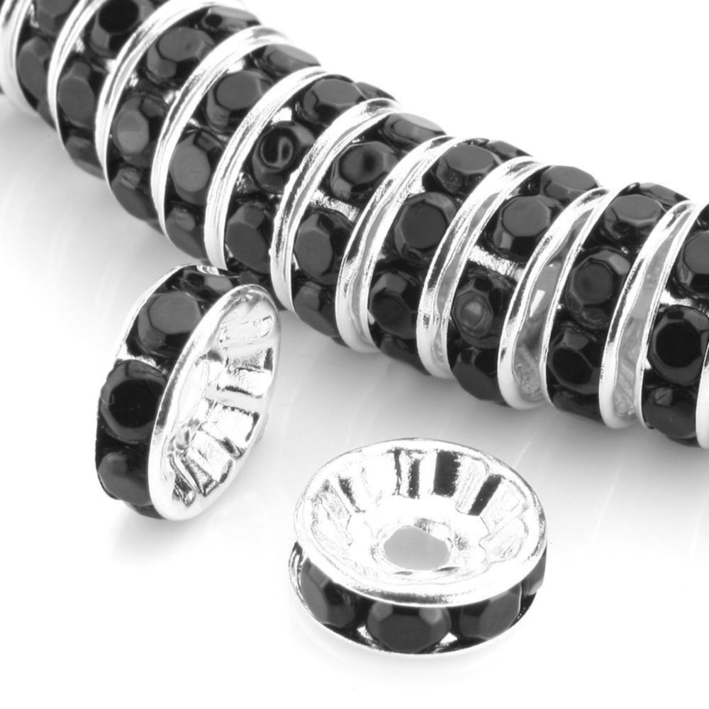 100pcs Adabele AAA Grade 5mm (0.2 Inch) Rhinestone Rondelle Beads - Silver Plated Brass Spacer with Jet Black Crystal for DIY Jewelry Making, Crafting, Bracelets & Necklaces - Perfect for Wedding, Party & Fashion Accessories (CF3-523)