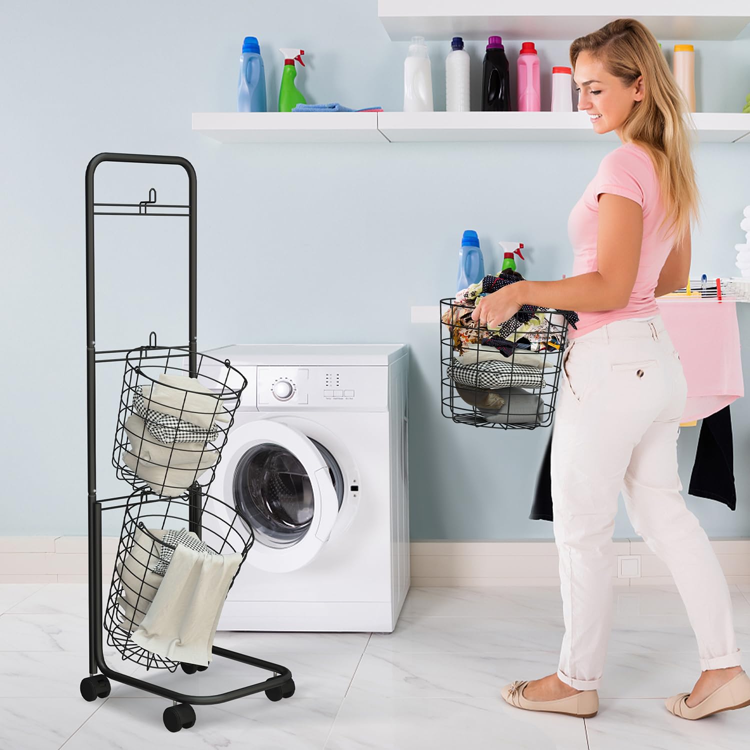 3-Tier Rolling Laundry Hamper with Removable Wire Baskets - 48.4x12.6x9.7 Inch Large Laundry Organizer for Clothes Sorting - Perfect for Laundry Room, Dorm, Apartment & Home Storage Solutions