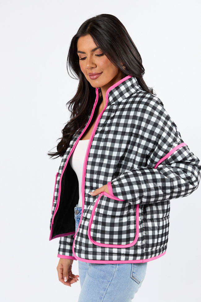 Going For It Black Gingham Printed Zip Up Jacket - Stylish Casual Outerwear for Men & Women | Perfect for Spring, Fall & Layering Outfits