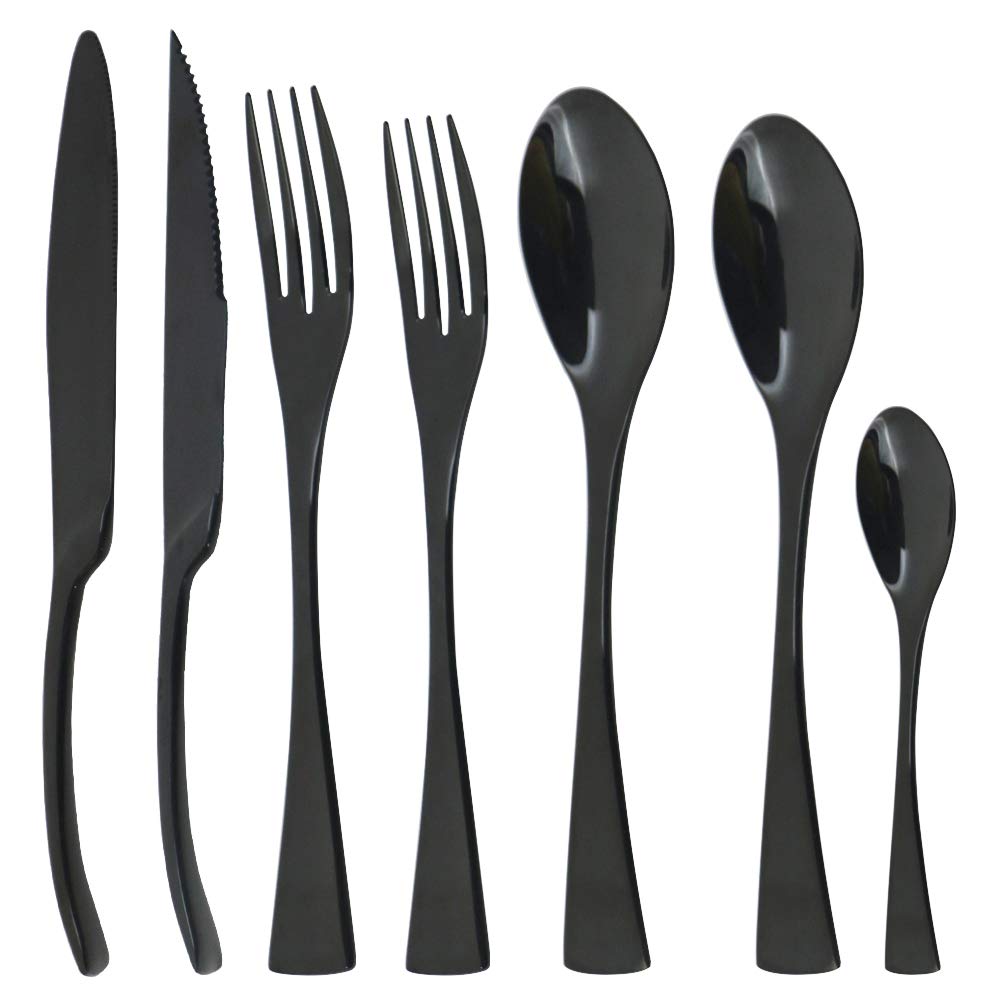 Premium 7-Piece Black Luxury Silverware Set - Mirror Finish 304 Stainless Steel Flatware for Home, Hotel & Restaurant - Heavy Duty Kitchen Utensil Set for Fine Dining, Wedding Gifts & Elegant Table Settings