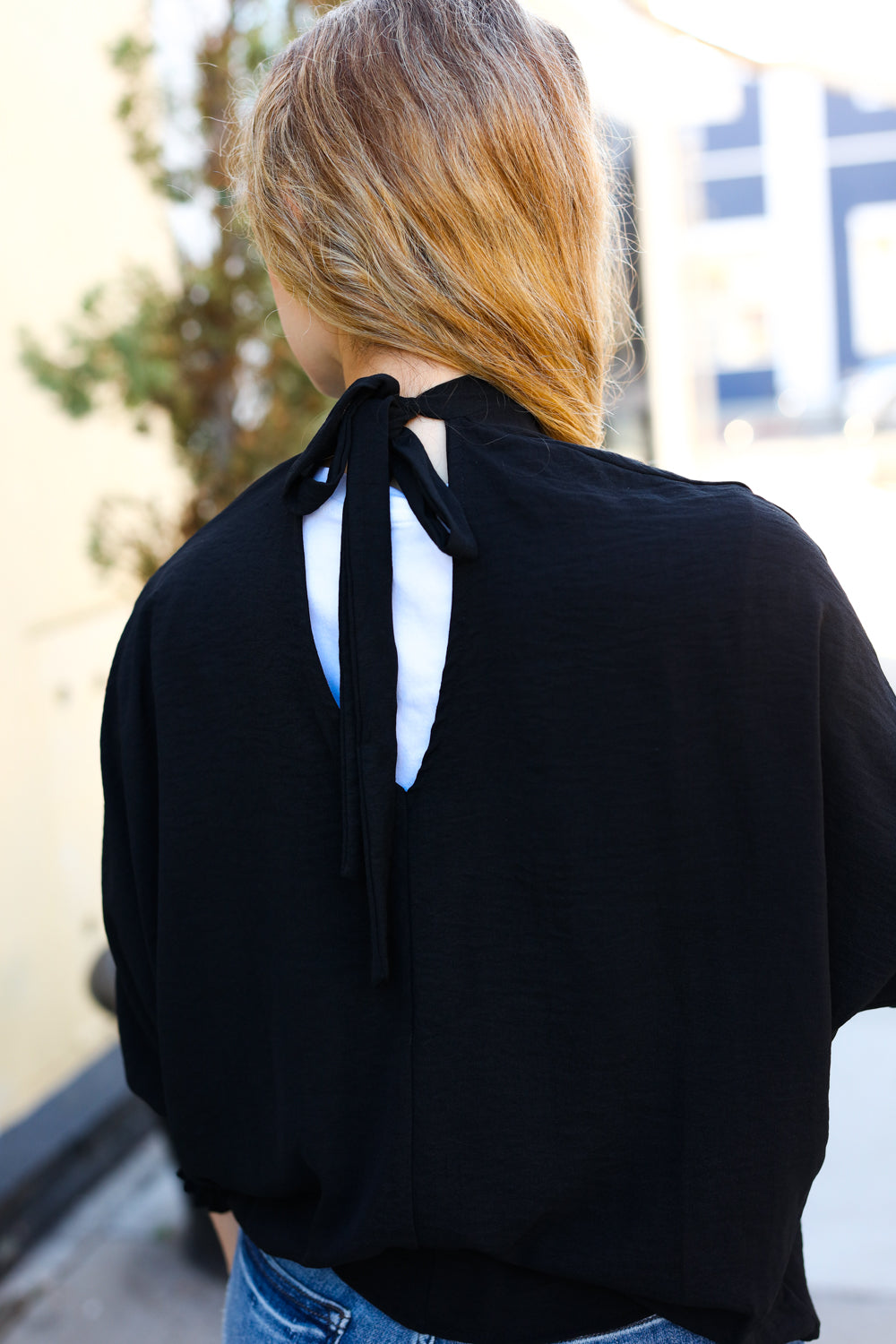 Black Smocked Three-Quarter Sleeve Tie Back Top for Women | Elegant Blouse for Date Night, Brunch & Summer Outfits | Flattering Casual & Dressy Tops