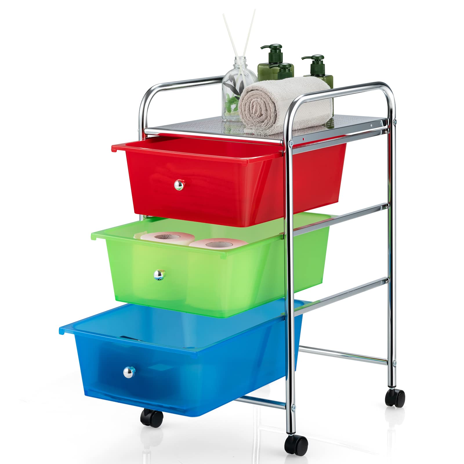 GOFLAME 3-Drawer Rolling Storage Cart with Mesh Top, Handle & Lockable Wheels - Mobile Organizer for Home, Office, Kitchen, Bathroom & Dorm Room - Perfect for Office Supplies, Beauty Products & Craft Storage
