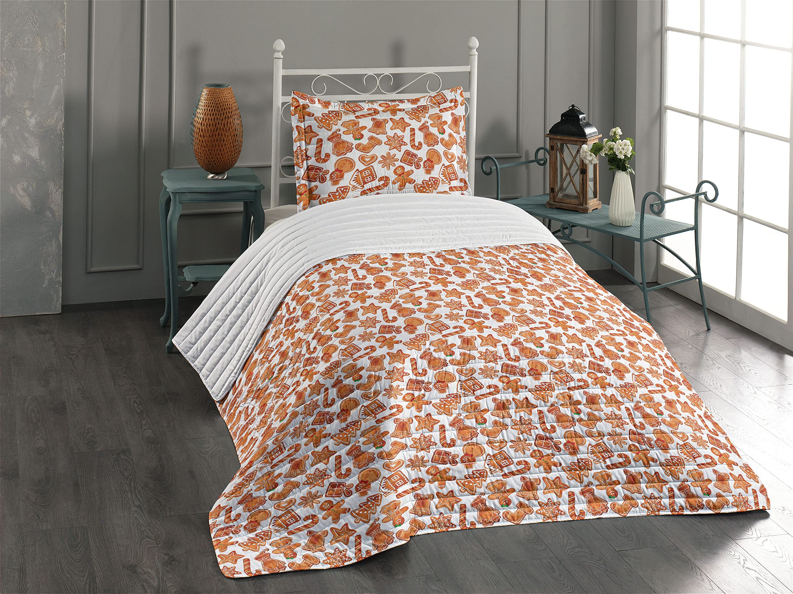 Ambesonne Christmas Microfiber Bedspread Set - Gingerbread Man House Holiday Theme Twin Size Bedding | Soft Comforter & Pillow Sham in Pale Brown & White | Perfect for Festive Bedroom Decor & Winter Celebrations