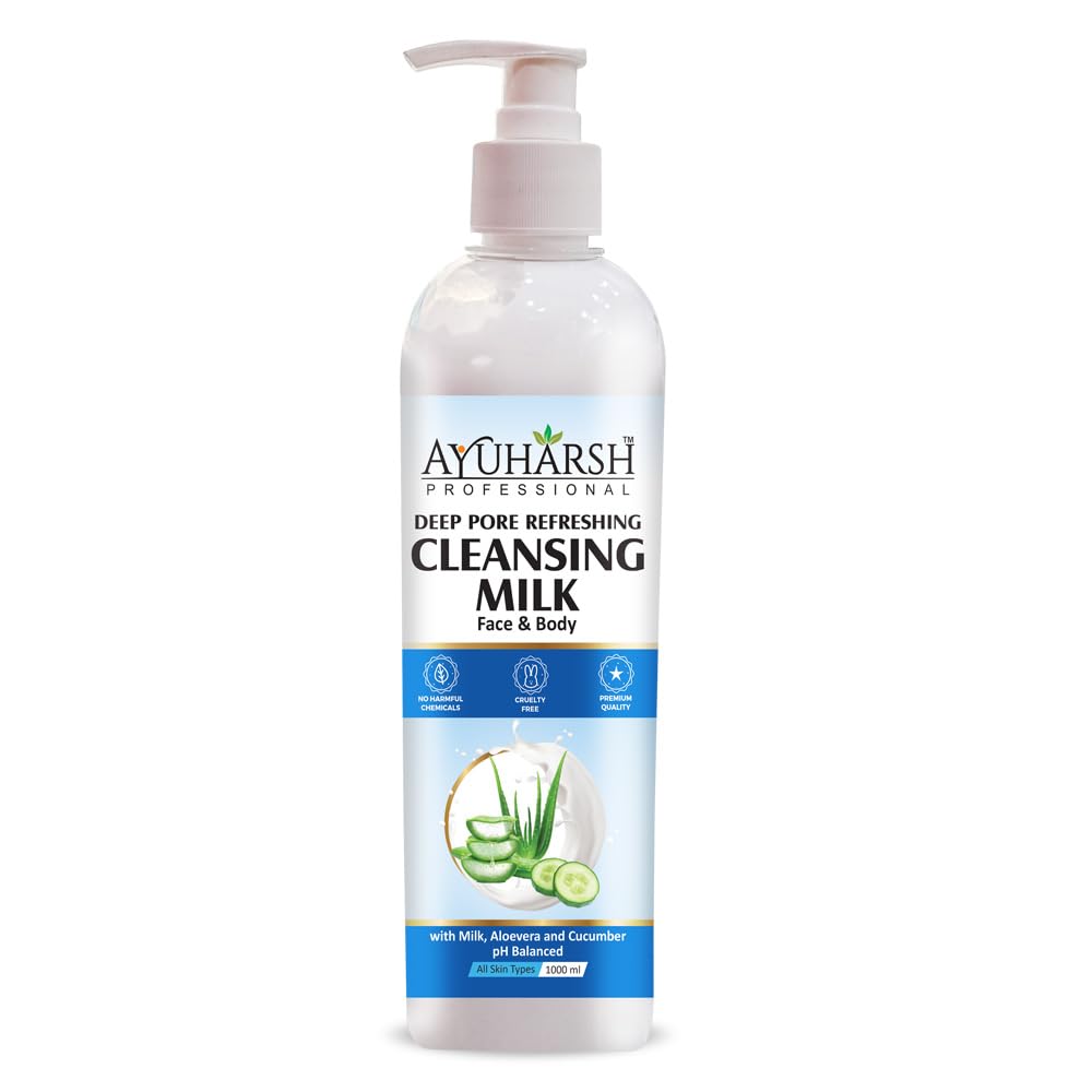 Deep Pore Cleansing Milk with Aloe Vera & Milk - 1000ml Gentle Makeup Remover for Soft, Moisturized & Glowing Skin - Men & Women - Perfect for Daily Skincare & Post-Makeup Cleansing Routine
