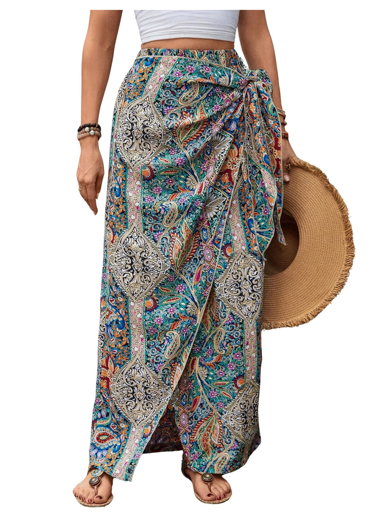 Boho Paisley Print High Waisted Wrap Skirt for Women - Flowy Summer Maxi Long Skirt with Side Slit | Perfect for Beach Vacations, Music Festivals & Boho Chic Outfits