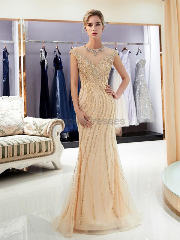 Elegant Gold Rhinestone Cap Sleeves Beaded Mermaid Prom Dress for Evening Party & Formal Events - Perfect for Homecoming, Wedding Guest & Special Occasions