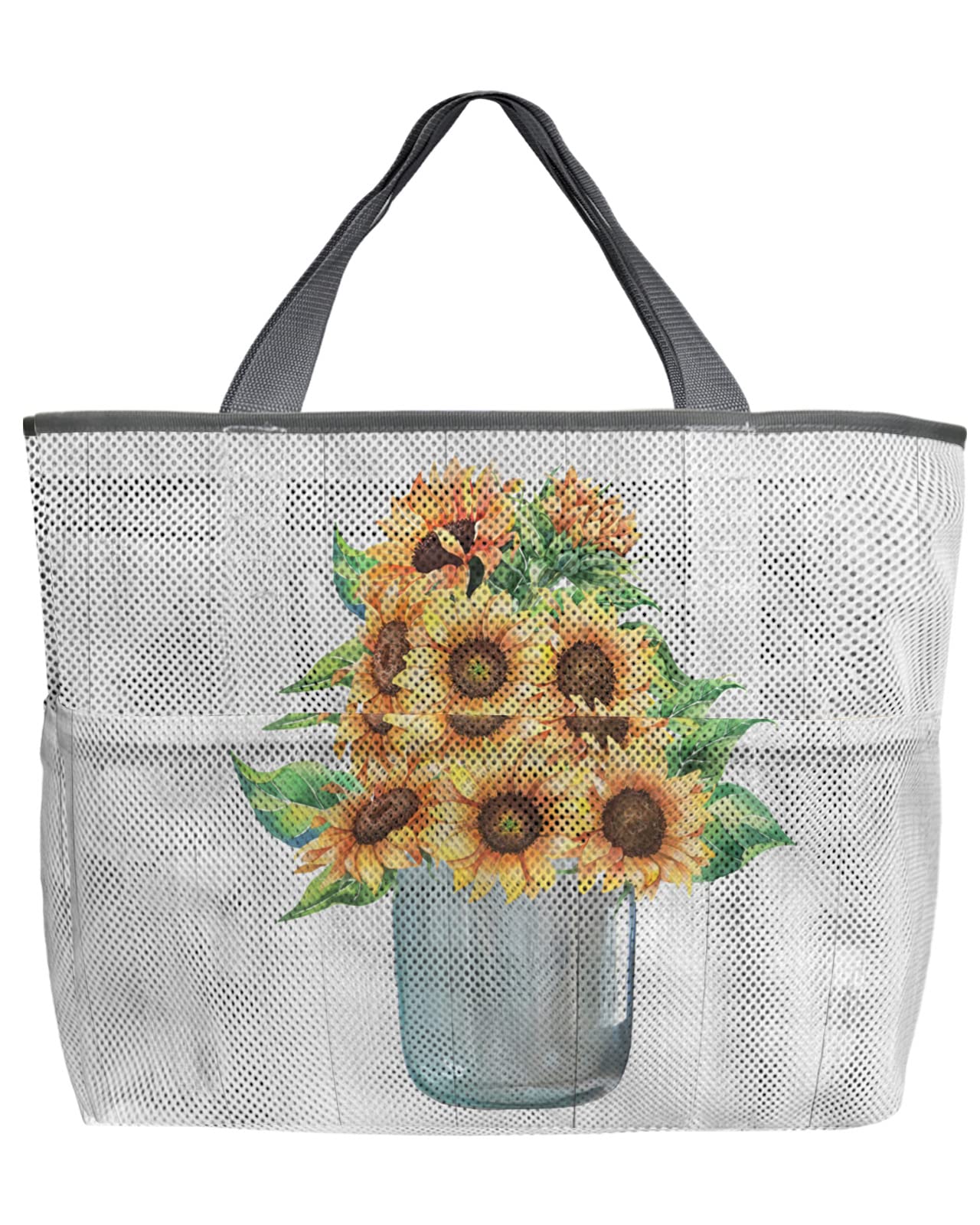 Watercolor Sunflower Mesh Beach Tote Bag - 60L Oversized Quick-Dry Swim Bag with Pockets | Foldable Lightweight Wood Grain Design for Pool, Grocery Shopping & Travel | 24x16x9 Inches