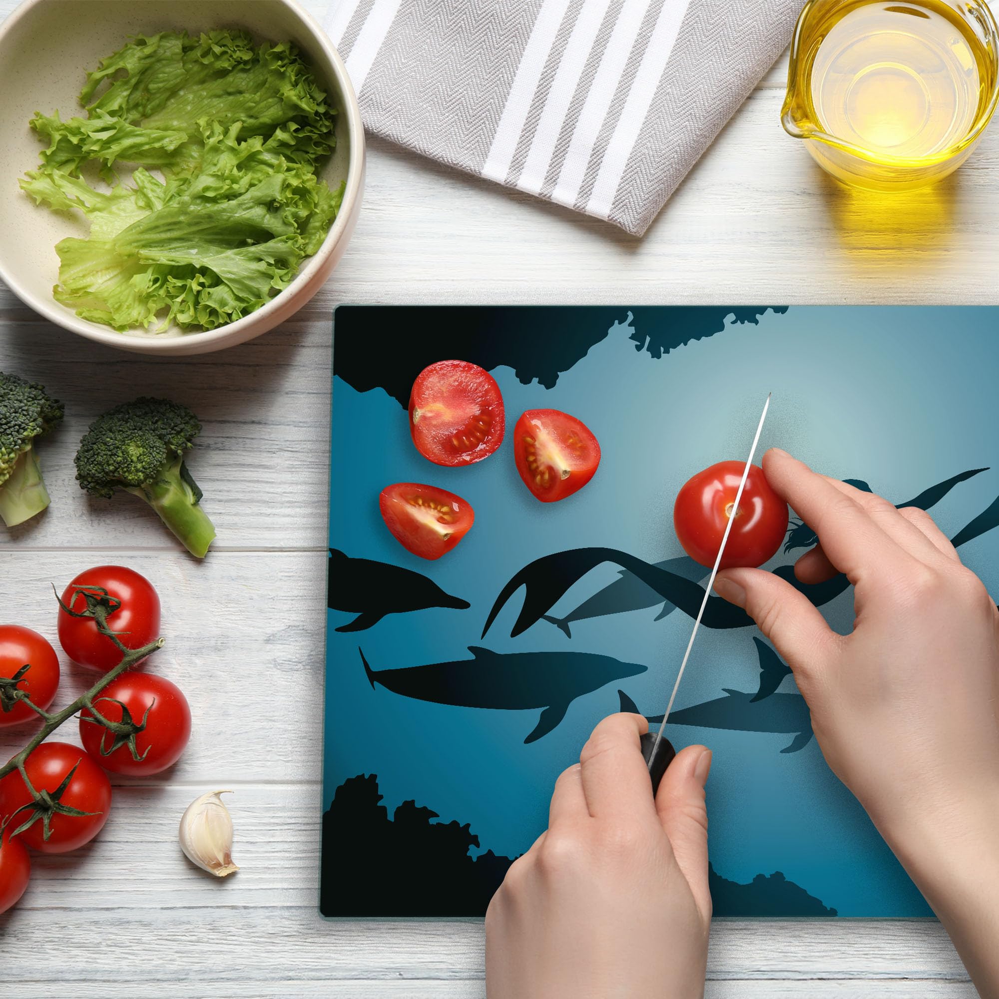 Ambesonne Underwater Themed Tempered Glass Cutting Board - Mermaid & Dolphins Sea Life Design, Large Blue Black Petrol Serving Board for Kitchen & Dining - Perfect for Seafood Meals, Charcuterie Platters & Home Decor