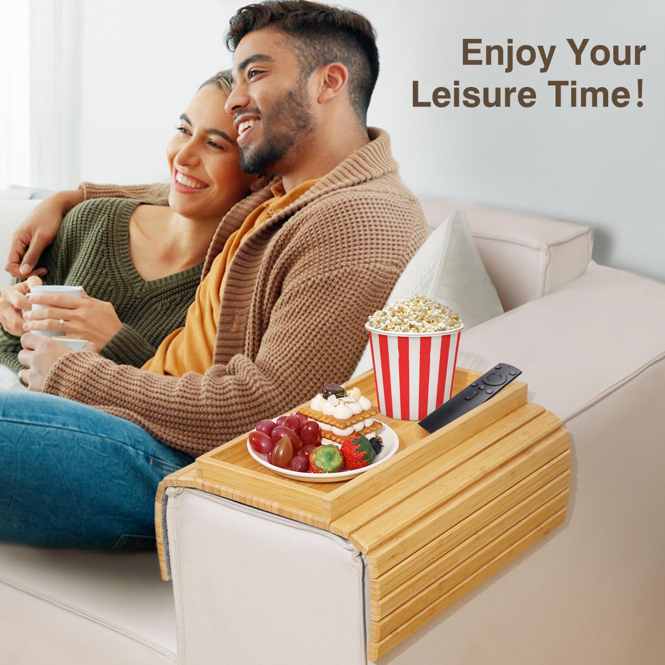 Foldable Bamboo Sofa Arm Tray - Anti-Slip Couch Cup Holder & Organizer for Snacks, Phone, Remote & Drinks | Perfect for Living Room, Bed & Home Theater Relaxation