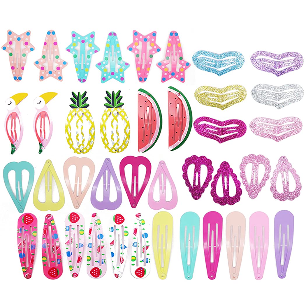 Lnrueg 40PCS Colorful Snap Hair Clips - Heart Star Fruit Barrettes for School, Party & Birthday | Lightweight Fashion Hair Accessories for Girls & Women | Perfect for Daily Use, Gifts & Special Occasions