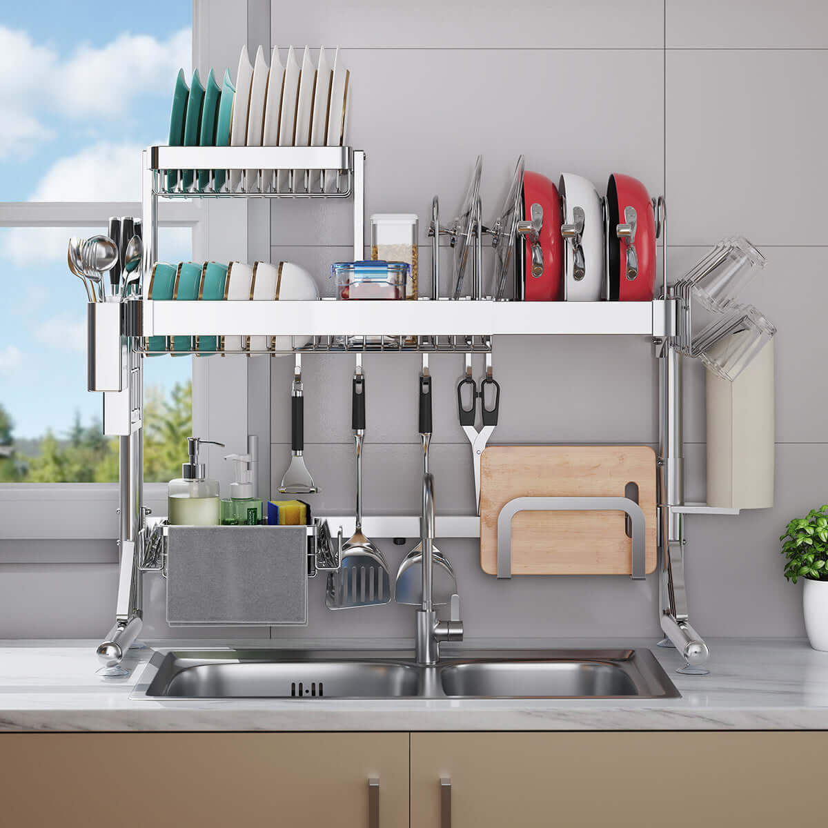 Large Over Sink Dish Drying Rack & Multi-Function Organizer Shelf - Space Saving Kitchen Storage for Utensils & Bowls | Quick Drying Solution for Small Kitchens & RV Living
