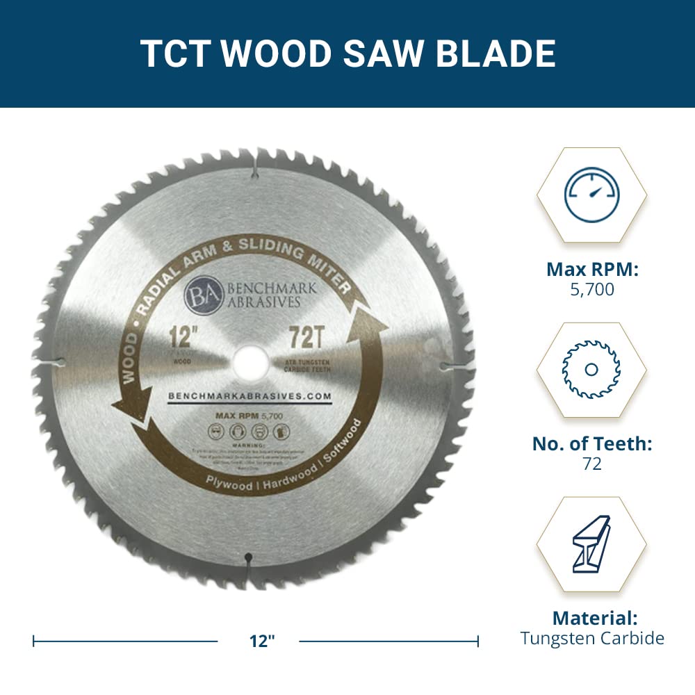 Benchmark Abrasives 12 Inch 72-Tooth Tungsten Carbide Tipped (TCT) Circular Saw Blade - 5/8