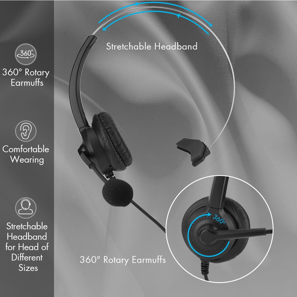 Noise Cancelling Phone Headset with Crystal Clear Microphone - 2.5mm/3.5mm/Dual 3.5mm Jack - 360° Rotatable Earmuffs & Adjustable Headband for Call Center, Office, Computer, Telephone - Perfect for Remote Work, Customer Service & Business Communications