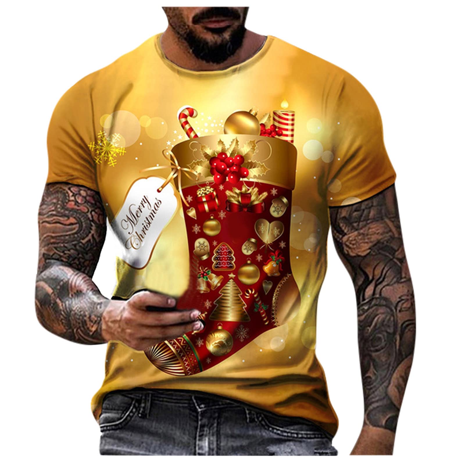BEUU Men's Christmas T-Shirt - 3D Santa Claus Print Short Sleeve Crewneck Tee for Holiday Parties, Casual Wear & Workout - Festive Xmas Soldier Design