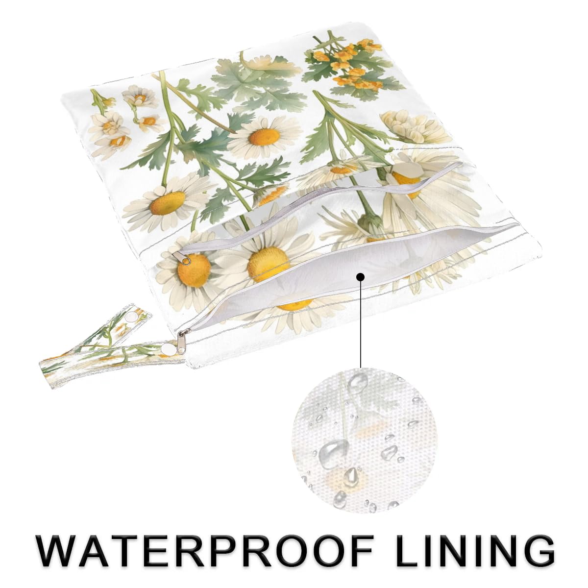 2-Pack White Daisy Wet Dry Bags - Waterproof Travel Laundry & Swimsuit Storage - Reusable Cloth Diaper Wet Bags for Beach, Yoga, Gym, Pool, Baby Care & Outdoor Activities