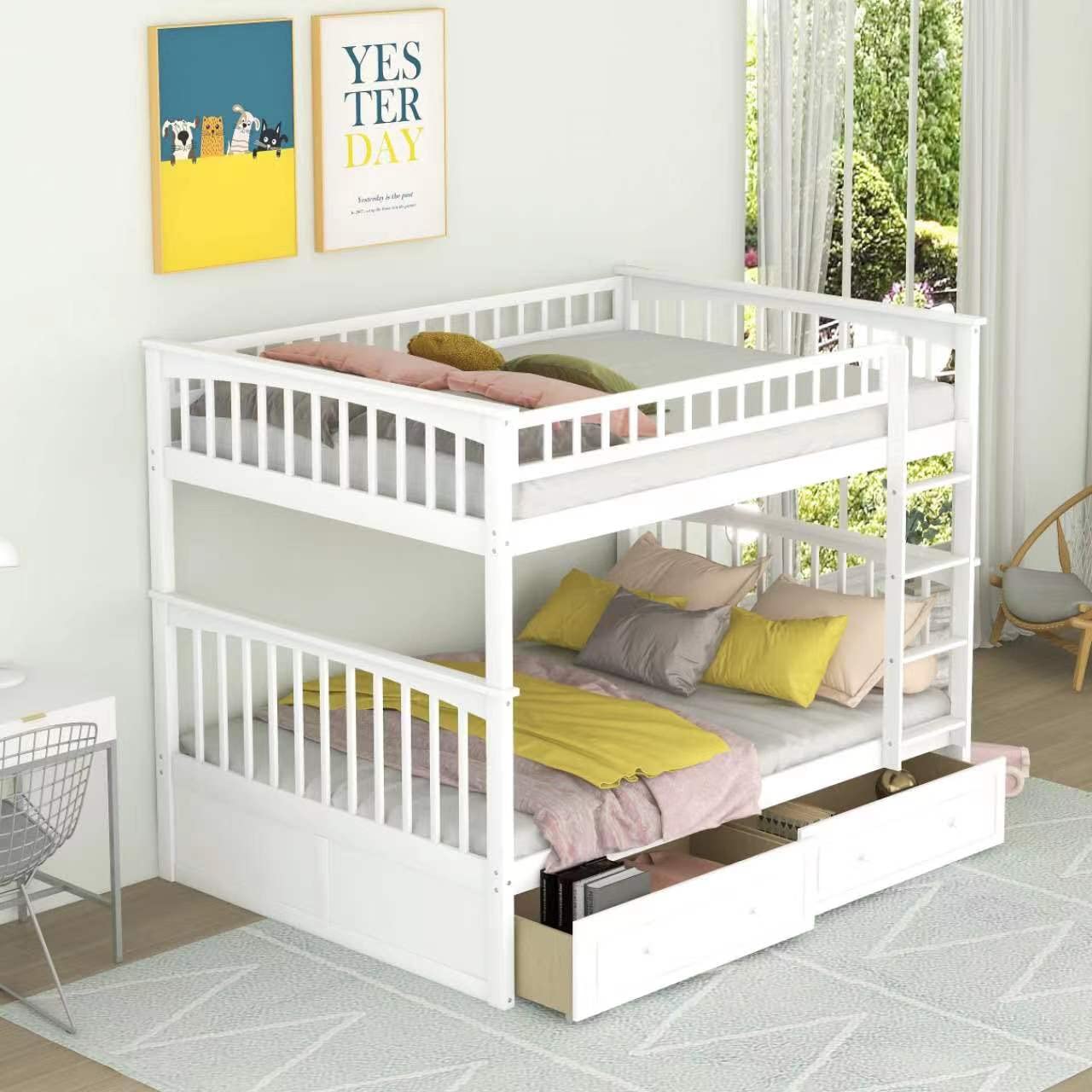 Harper & Bright Designs Full Over Full Wood Bunk Bed with 2 Storage Drawers & Ladder, Convertible to Twin Daybeds - Space Saving Kids Bedroom Furniture for Small Rooms (White) - Perfect for Shared Kids' Rooms, Sleepovers & Guest Bedrooms
