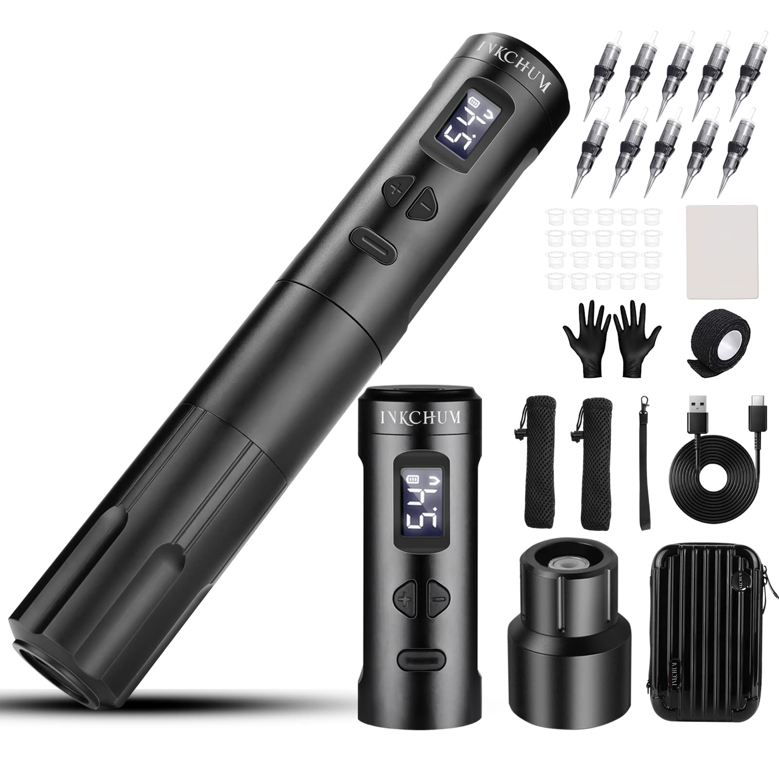 INKCHUM Tattoo Machine Kit with 2 Batteries - 10W Coreless Motor, Digital OLED Display, 10 Needles, Synthetic Skin - Complete Beginner Tattoo Starter Kit for Home & Professional Use