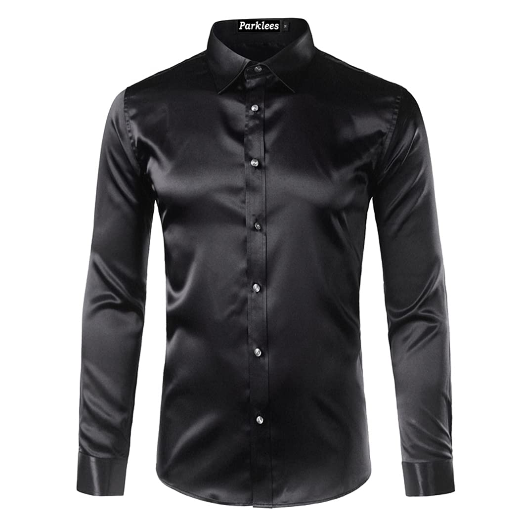 RICHOLV Men's Gold Silk Satin Slim Fit Long Sleeve Button Down Dress Shirt - Black, Asian Size M - Perfect for Business Meetings, Weddings & Formal Occasions