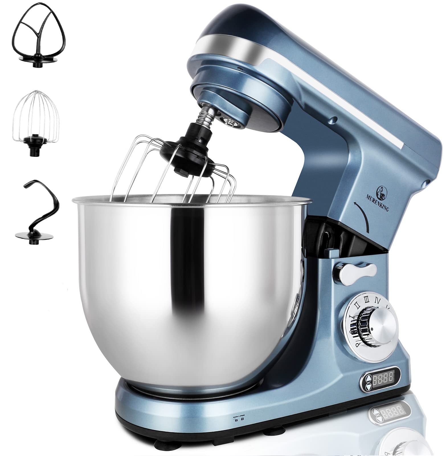 Professional 6-Qt Stand Mixer with Timer - 500W 6-Speed Tilt-Head Electric Kitchen Mixer (Silver Blue) - Perfect for Baking Cakes, Cookies, Bread & Dough Kneading