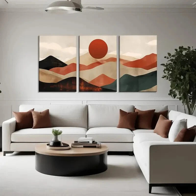 3-Piece Abstract Nature Landscape with Sunrise Metal Wall Art - Ready to Hang Home Decor for Living Room, Bedroom & Office