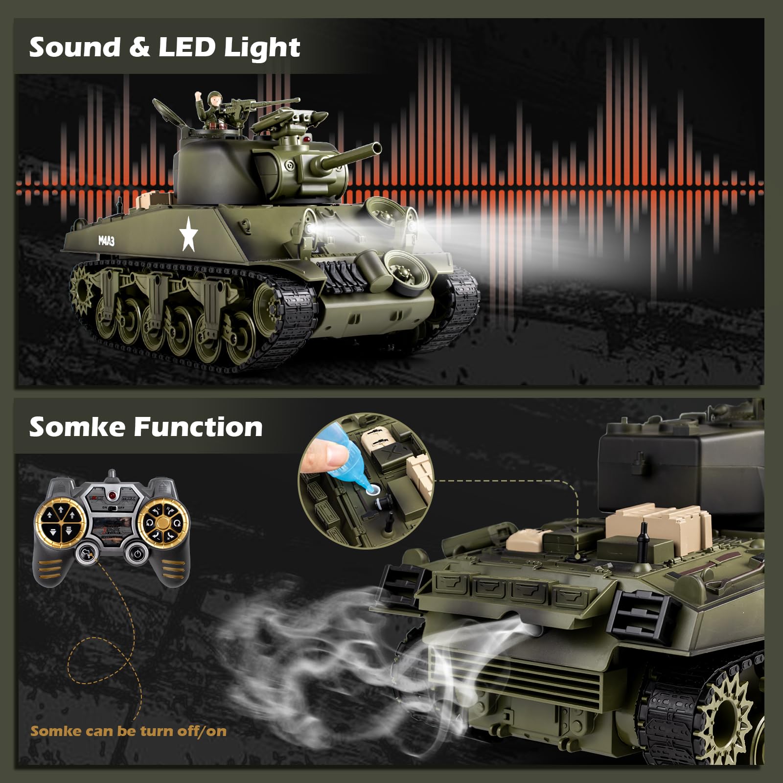 1/18 Scale RC Sherman M4A3 Tank - 2.4GHz Remote Control Military Toy with Realistic Sound, Smoke, BBS Bullets, Water Bombs & Recoil Effect - Collectible Army Tank for Adults & Kids - Perfect for Battle Reenactments, Outdoor Play & Display