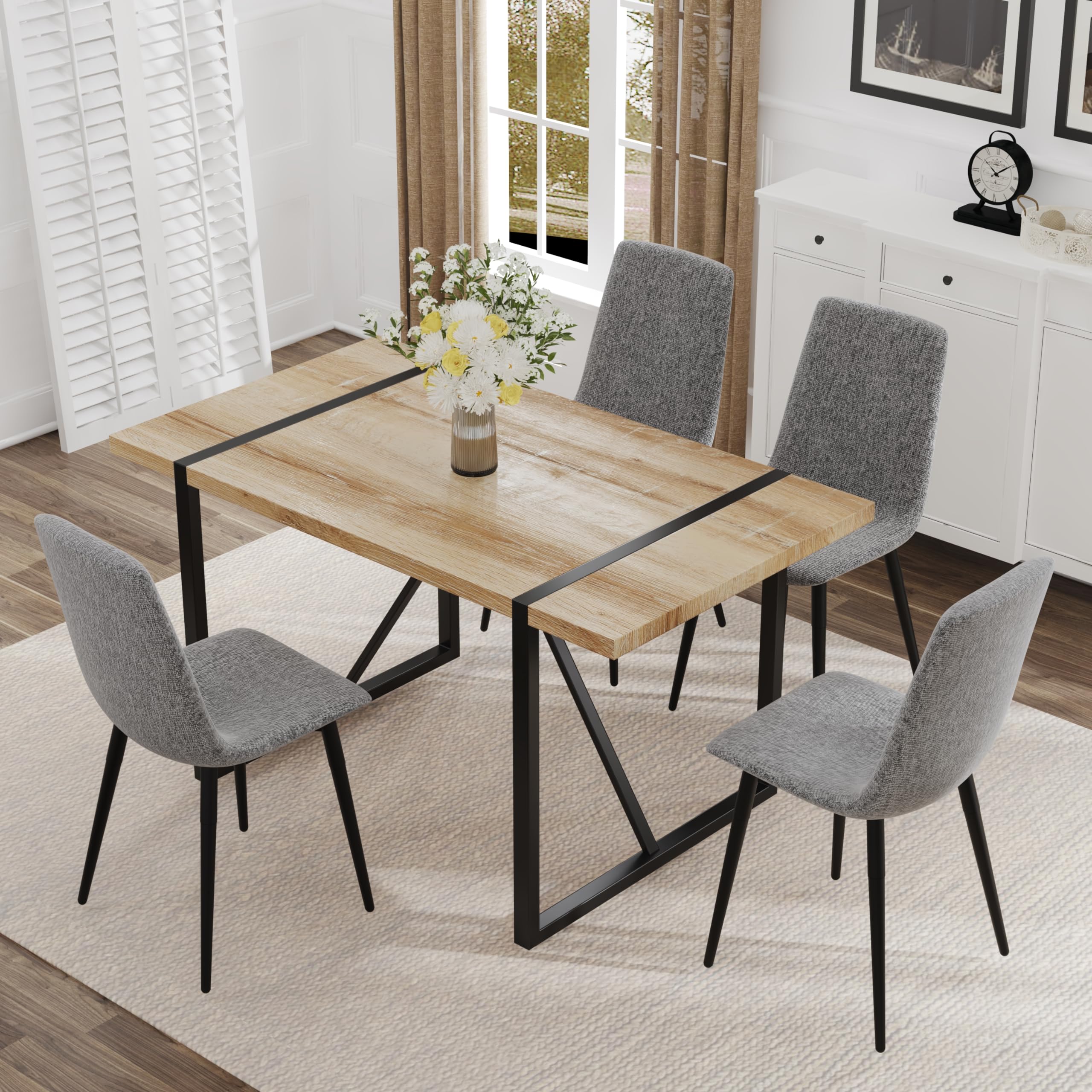 Modern 5-Piece Dining Table Set for 4 - Rectangle Kitchen Table with 4 Fabric Chairs & Wooden Table | Perfect for Small Spaces, Apartments & Cozy Family Meals