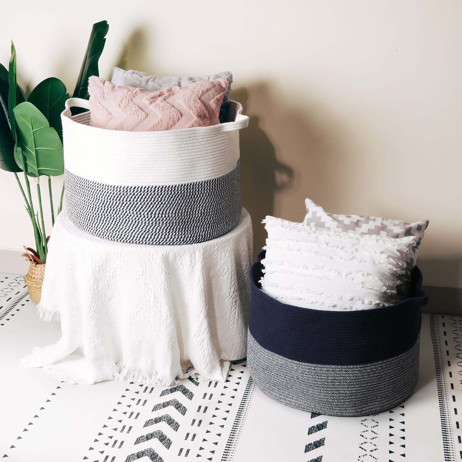 Annecy Large Cotton Rope Basket Set of 2 - Sturdy Baby Laundry Hamper with Handles for Toys, Towels, Pillows | Decorative Storage Basket for Blankets, Nursery, Living Room & Bedroom Organization