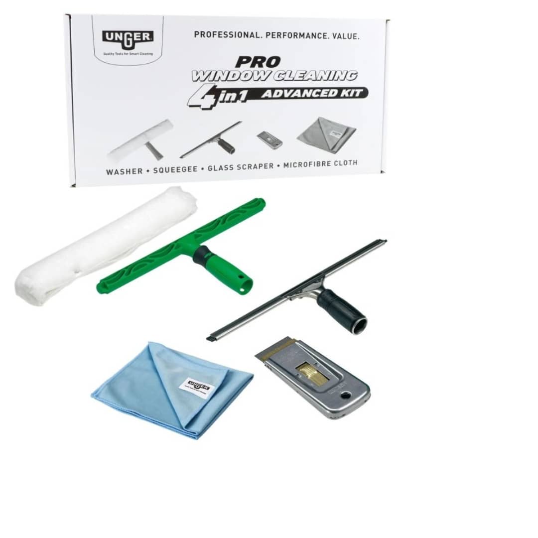 Unger Pro Window Cleaning 4-in-1 Advanced Kit - Professional Glass Cleaning Tool for Streak-Free Windows at Home or Office