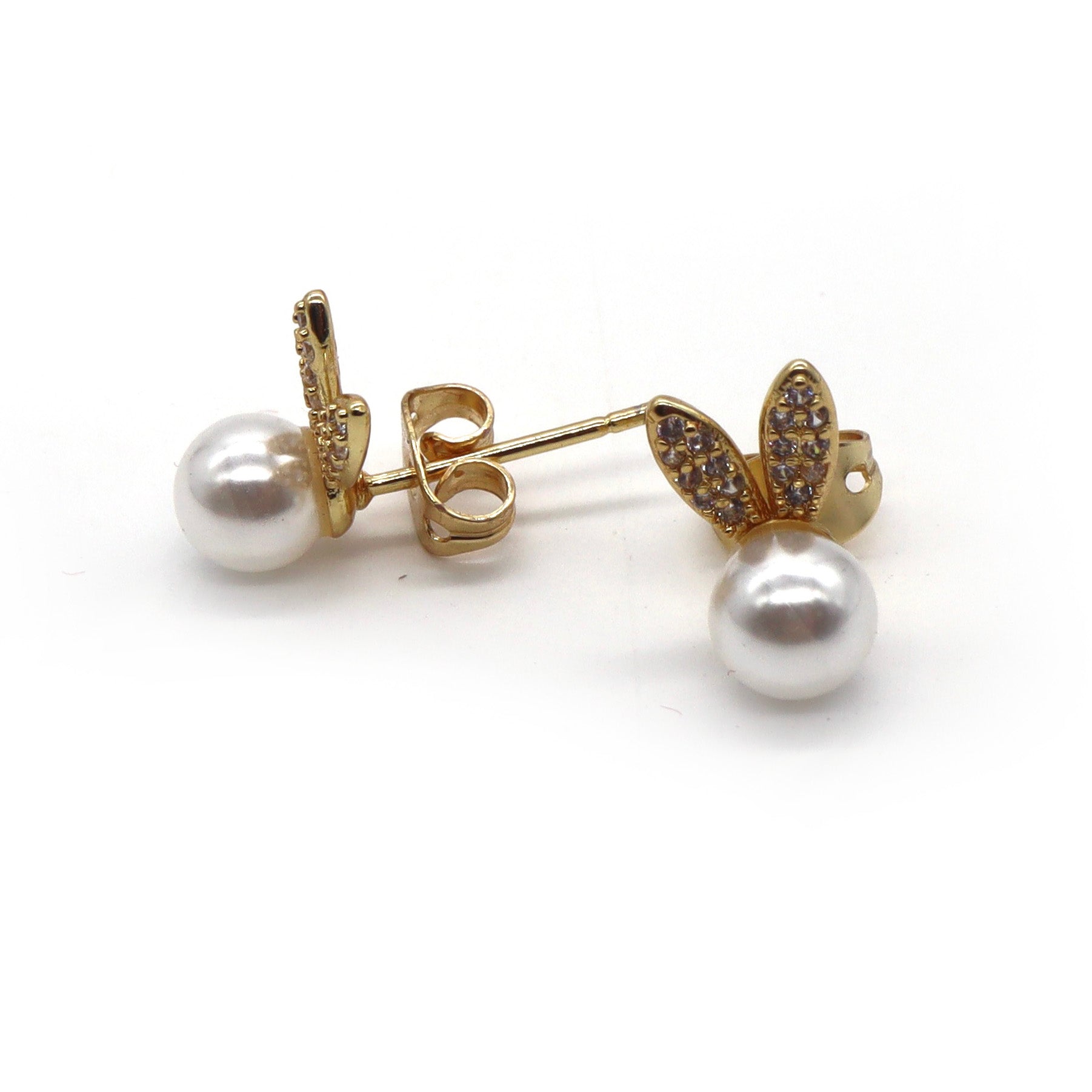 ROMALI 18k Gold Plated Bunny Pearl Stud Earrings with Crystal Accents - Elegant Dainty Jewelry for Women, Girls | Perfect Gift for Birthday, Valentine's Day, Anniversary | Everyday Wear & Special Occasions