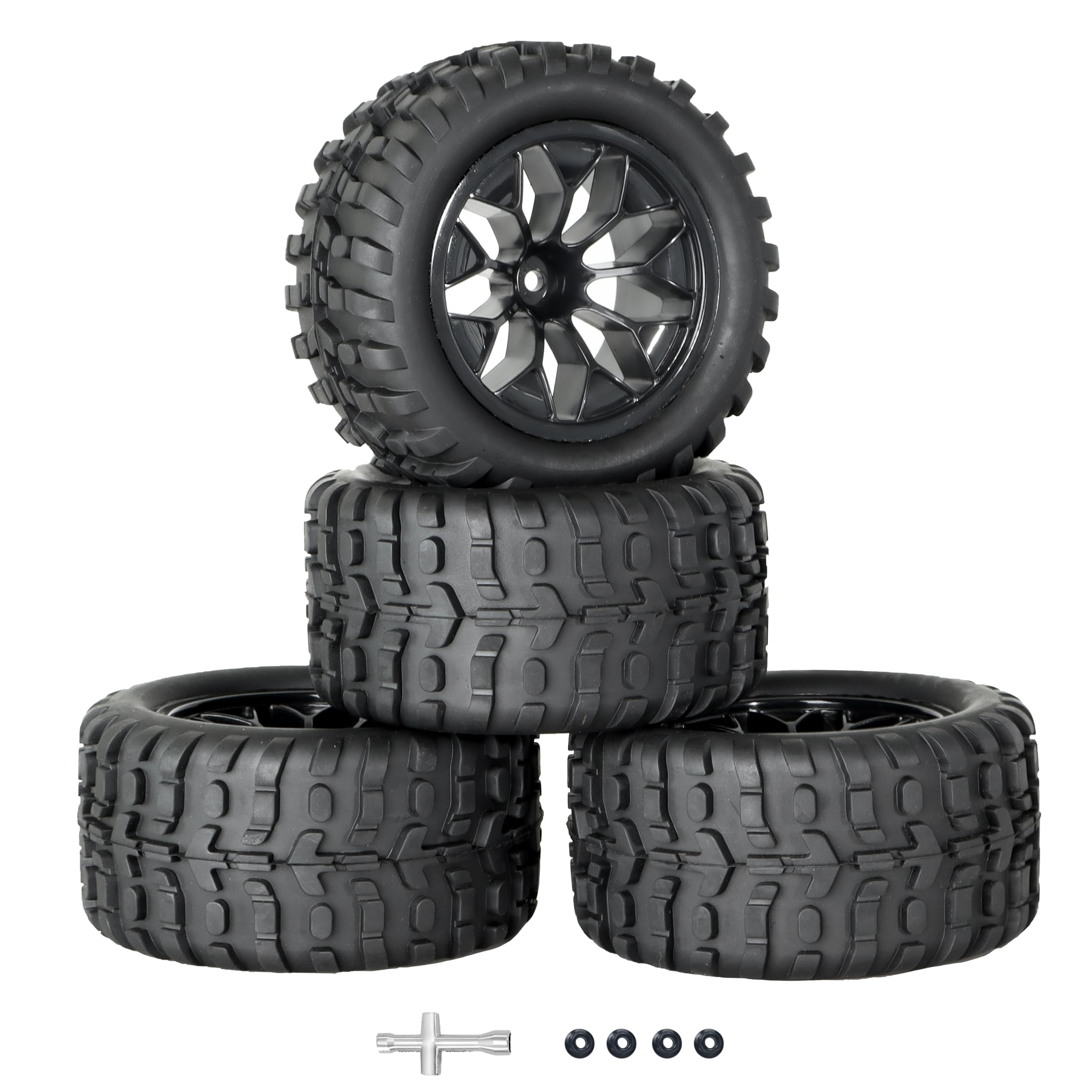 **12mm Hex RC Wheels and Tires for 1/10 Scale RC Buggy & Truck - Compatible with Traxxas Stampede, Rustler, Hoss 2WD/4x4, E-Revo, Volcano EPX, Redcat - Pre-Glued with Foam Insert - Perfect for Off-Road Racing & Bashing**