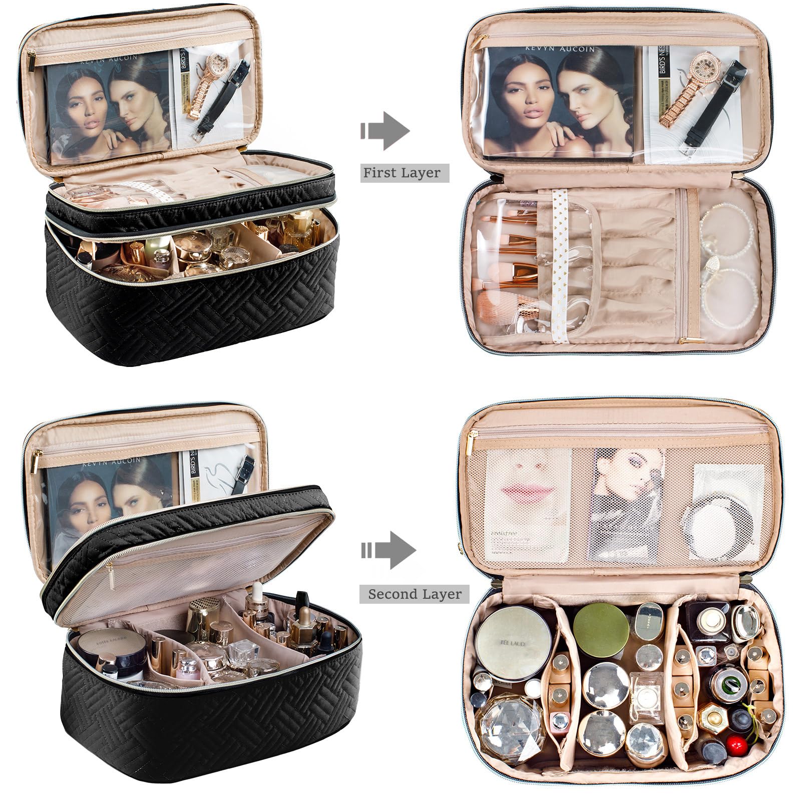 AMOIGEE Large Waterproof Makeup Bag - Double Layer Travel Cosmetic Organizer with Spacious Compartments for Brushes, Bottles & Palettes | Perfect for Travel, Home & Professional Use