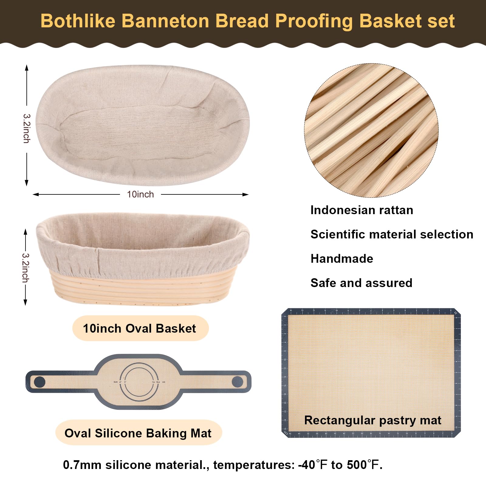 2-Pack 10 Inch Oval Bread Proofing Baskets with Dough Whisk & Cleaning Brush – Sourdough Starter Kit, Perfect Baker's Gift for Artisan Bread Making at Home