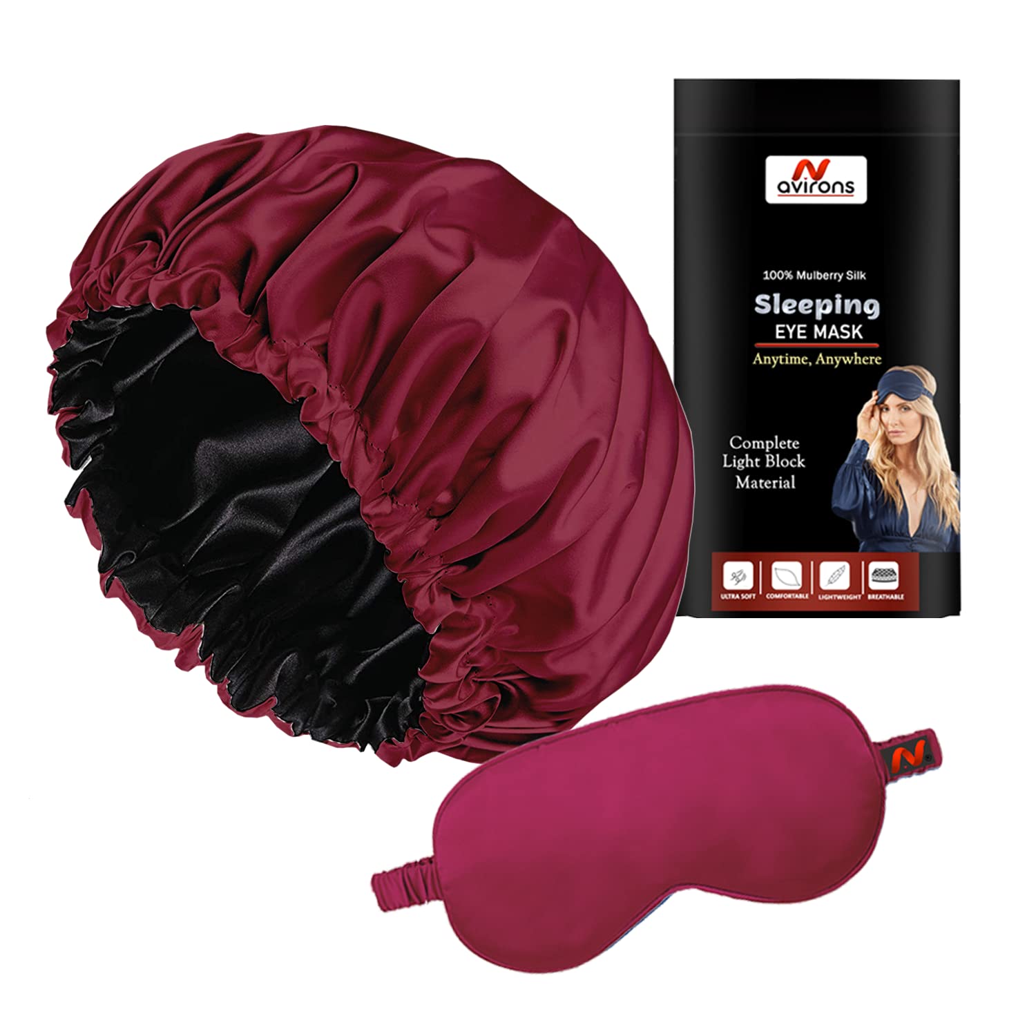 Avirons Silk & Satin Hair Bonnet with Eye Mask for Sleeping - Double Layer Reversible Sleeping Cap for Women - Perfect for Curly, Natural, and Afro Hair Care at Night