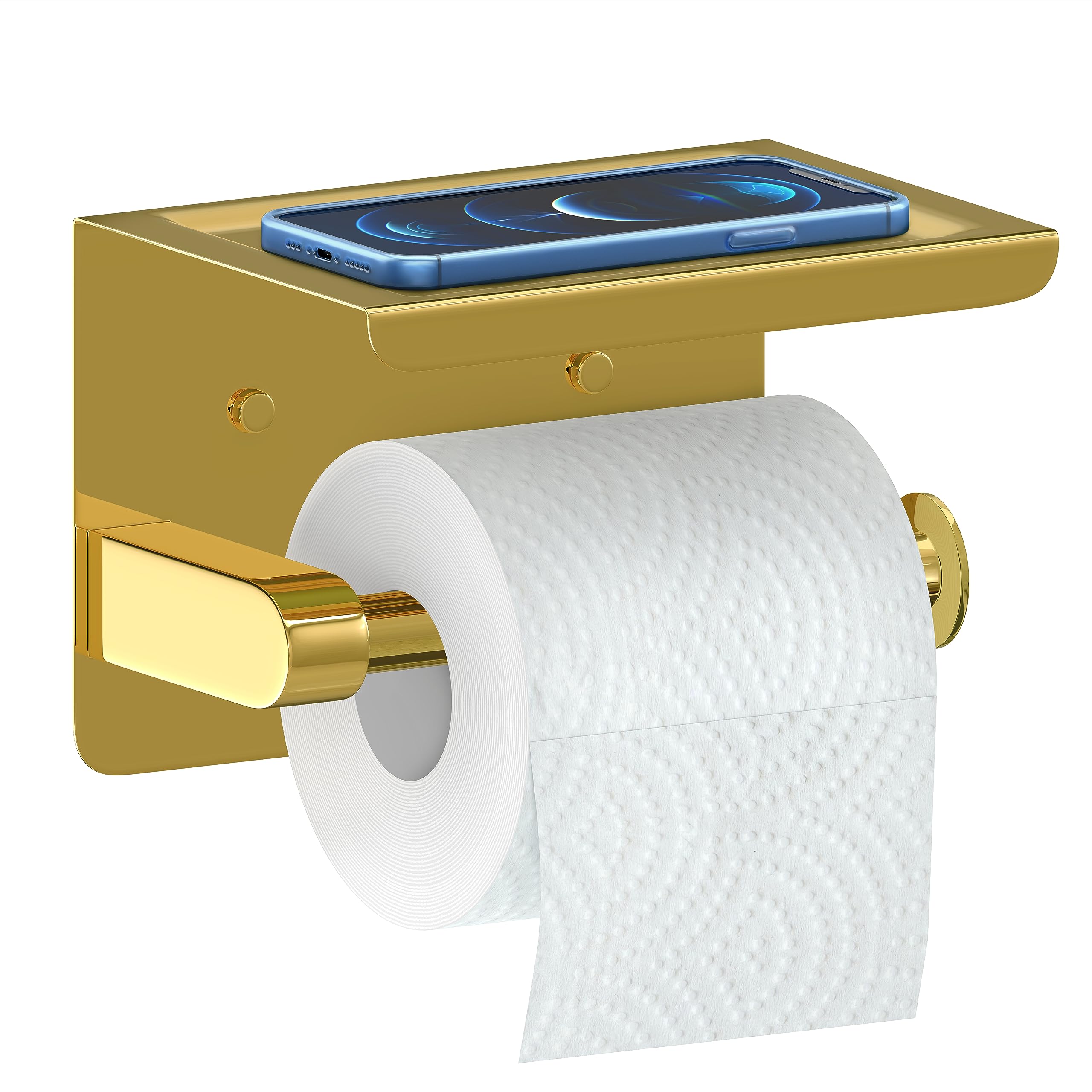 Premium Brushed Gold Toilet Paper Holder with Shelf - SUS304 Stainless Steel Waterproof Wall Mounted Bathroom Tissue Holder - Screw & Adhesive Installation - Ideal for Modern Bathrooms, Powder Rooms & Guest Baths (1 Pack)