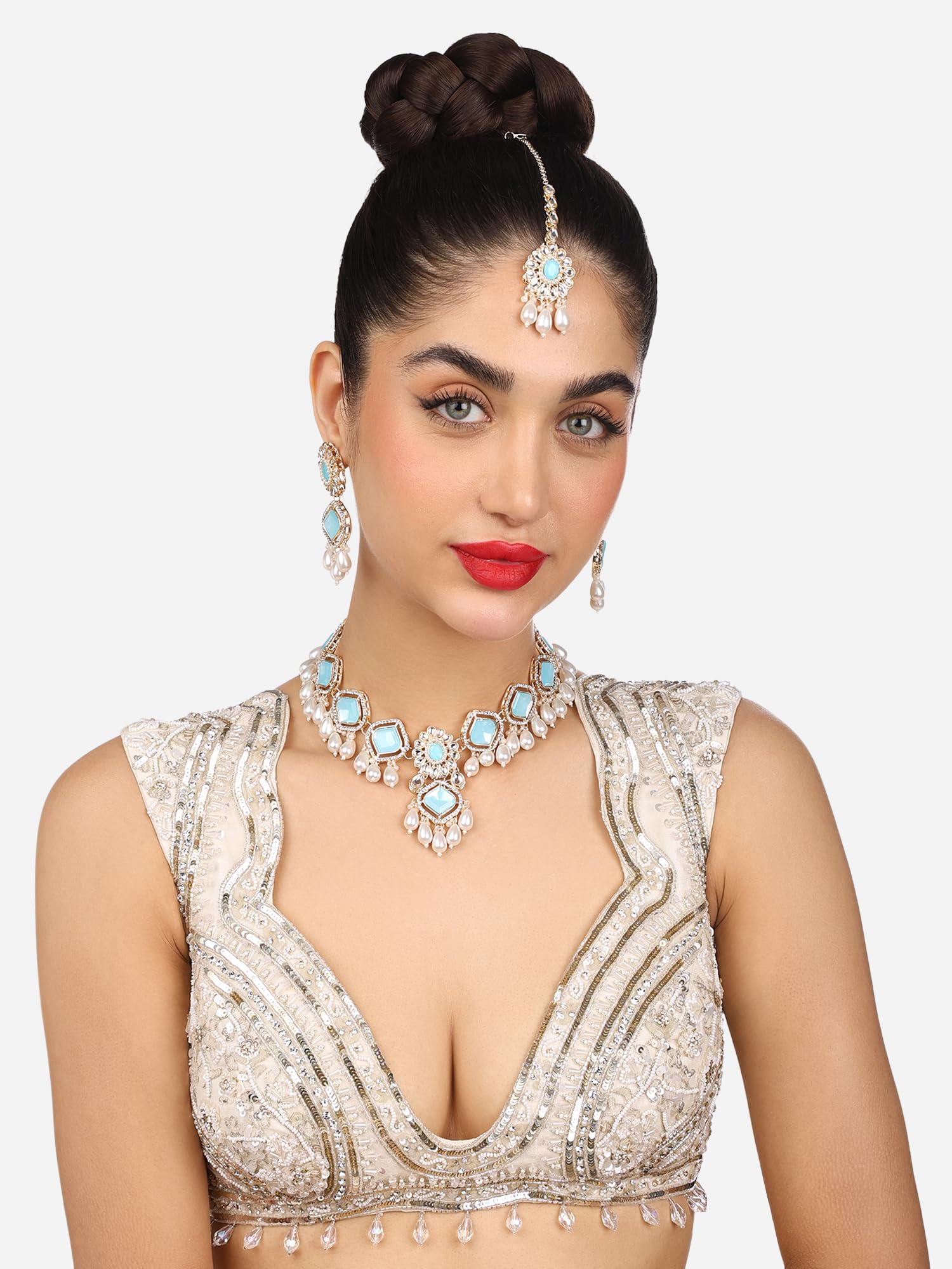 ZAVERI PEARLS Turquoise Blue Stone Austrian Diamond Beaded Drop Necklace & Earrings Set with Maangtikka for Women | Bridal Jewelry, Wedding Accessories, Party Wear, Indian Ethnic Outfit Enhancer - ZPFK17782