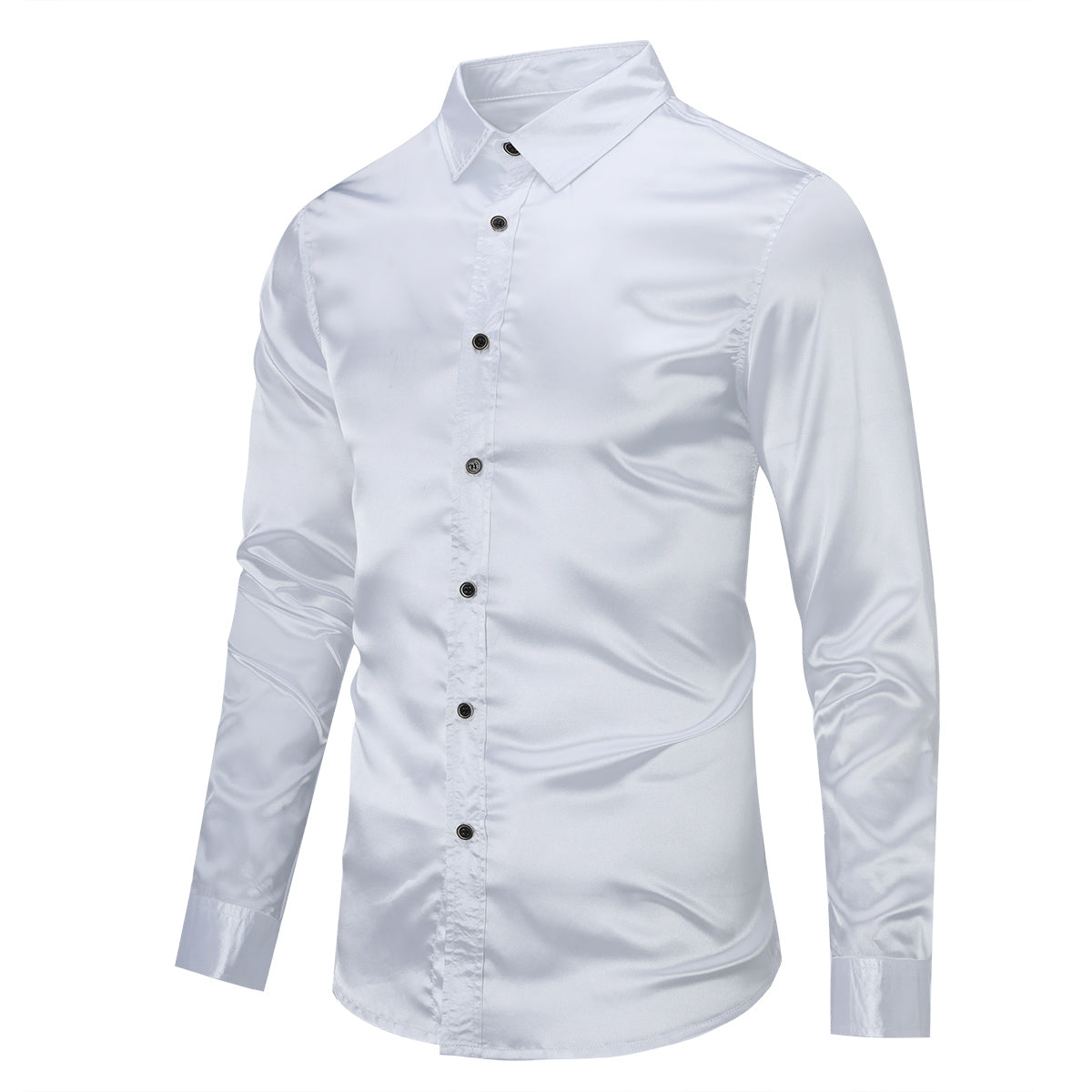 Stylish Men's Shiny Long Sleeve Lapel Dress Shirt - White Formal & Casual Button Down Shirt for Office, Party & Date Night Outfits