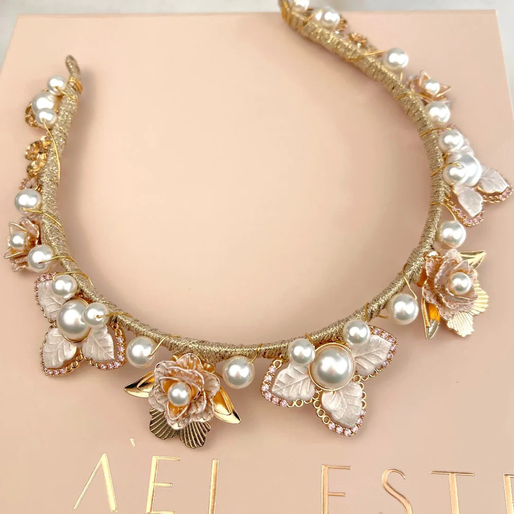 Sophia Bridal Pearl & Crystal Headpiece - Gold Tiara for Wedding, Prom & Special Occasions | A'el Este Bridal Accessories