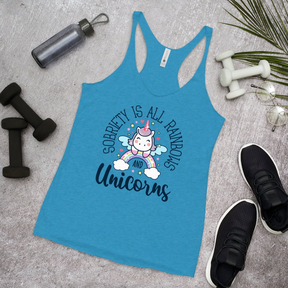 Women's Sobriety is All Rainbows and Unicorns Racerback Tank Top - Gym Workout & Casual Summer Outfit