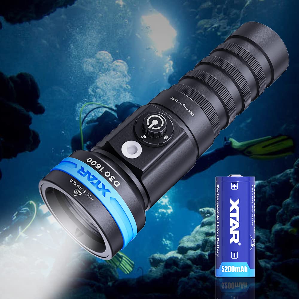 XTAR D30 1600 Lumens Scuba Diving Light - Multi-Color LED Underwater Flashlight with 130° Wide Beam, 100m Waterproof for Diving Photography & Video (Full Kit) - Perfect for Night Dives, Cave Exploration & Marine Life Observation